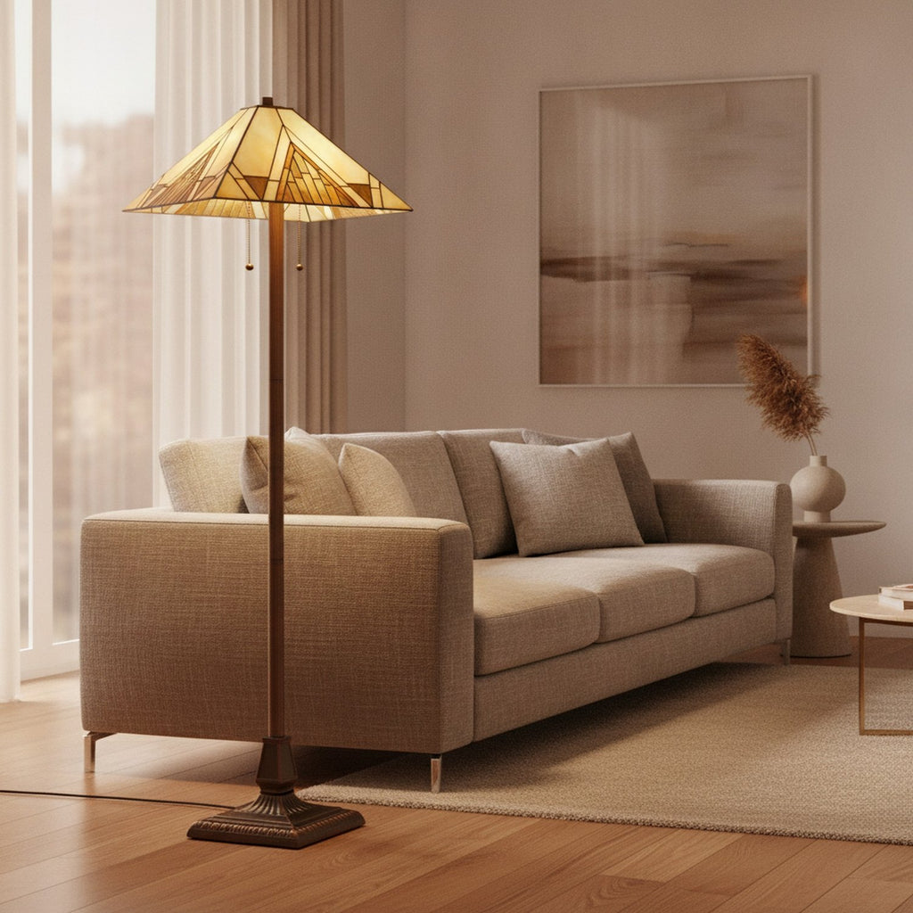 62" Brown Two Light Beige And Brown Geometric Stained Glass Floor Lamp - L1