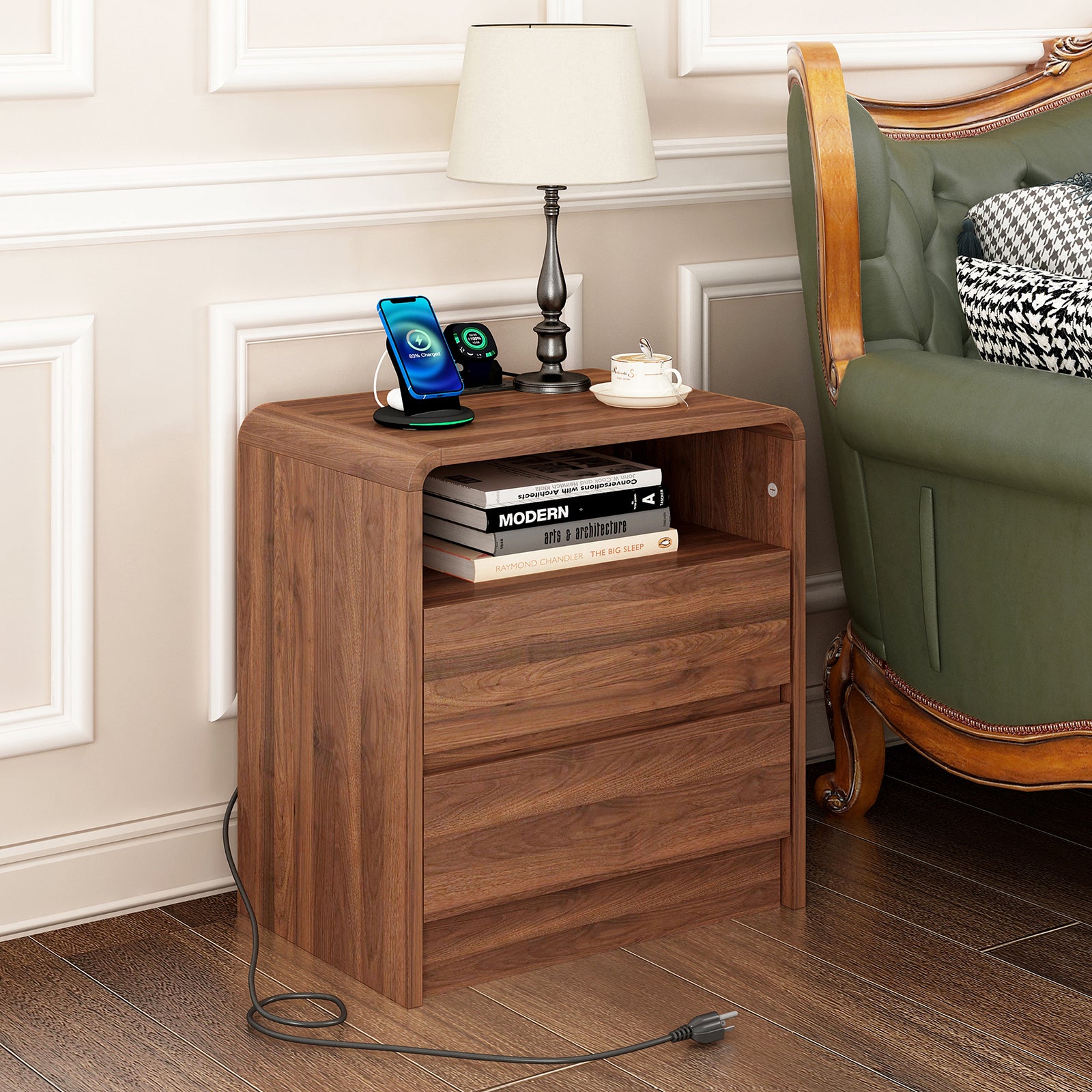 Tall Mid-Century Nightstand with Charging Station, 25", Walnut