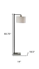 61" Grey and Black Arc Floor Lamp with White Fabric Drum Shade
