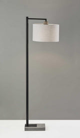61" Grey and Black Arc Floor Lamp with White Fabric Drum Shade