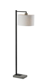 61" Grey and Black Arc Floor Lamp with White Fabric Drum Shade