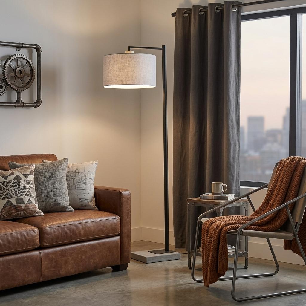 61" Grey and Black Arc Floor Lamp with White Fabric Drum Shade