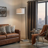 61" Grey and Black Arc Floor Lamp with White Fabric Drum Shade
