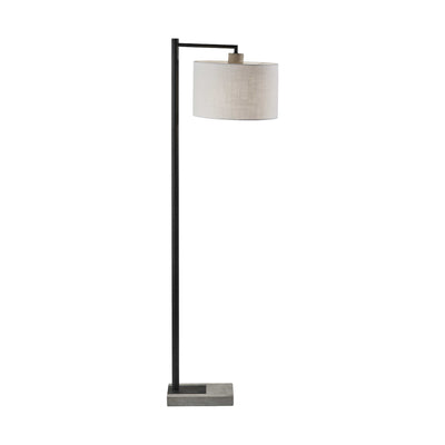 61" Grey and Black Arc Floor Lamp with White Fabric Drum Shade