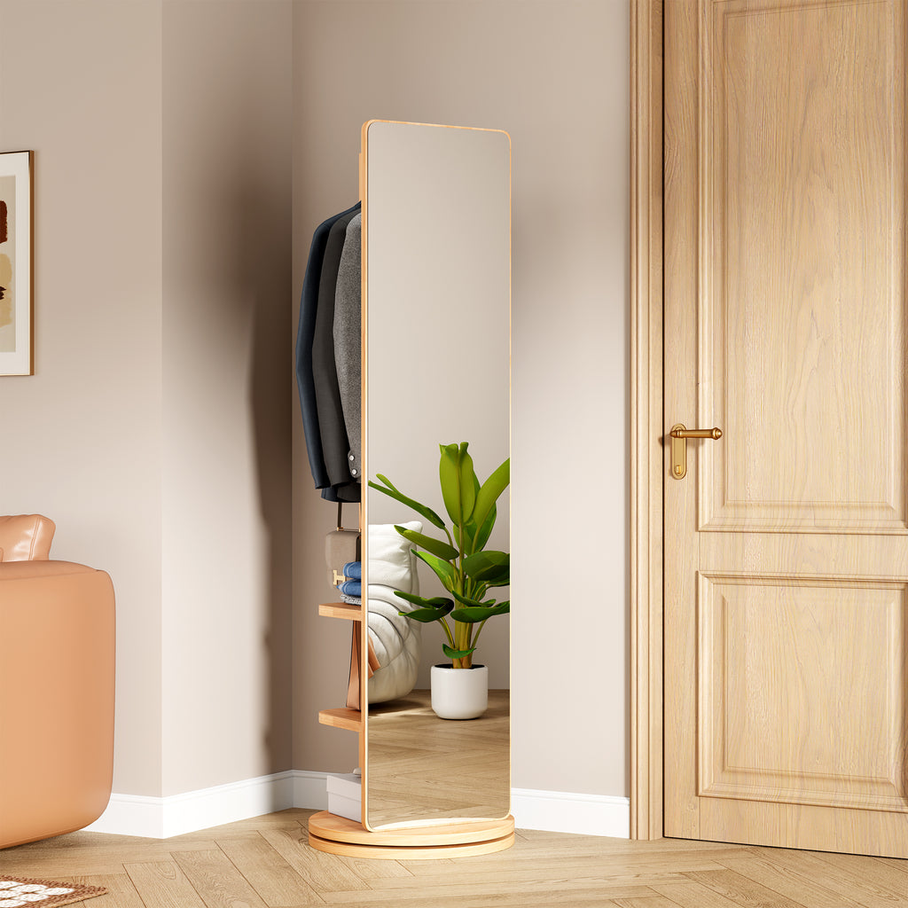 Astrid Full-Length Mirror with Coat Rack, 66", Natural Wood