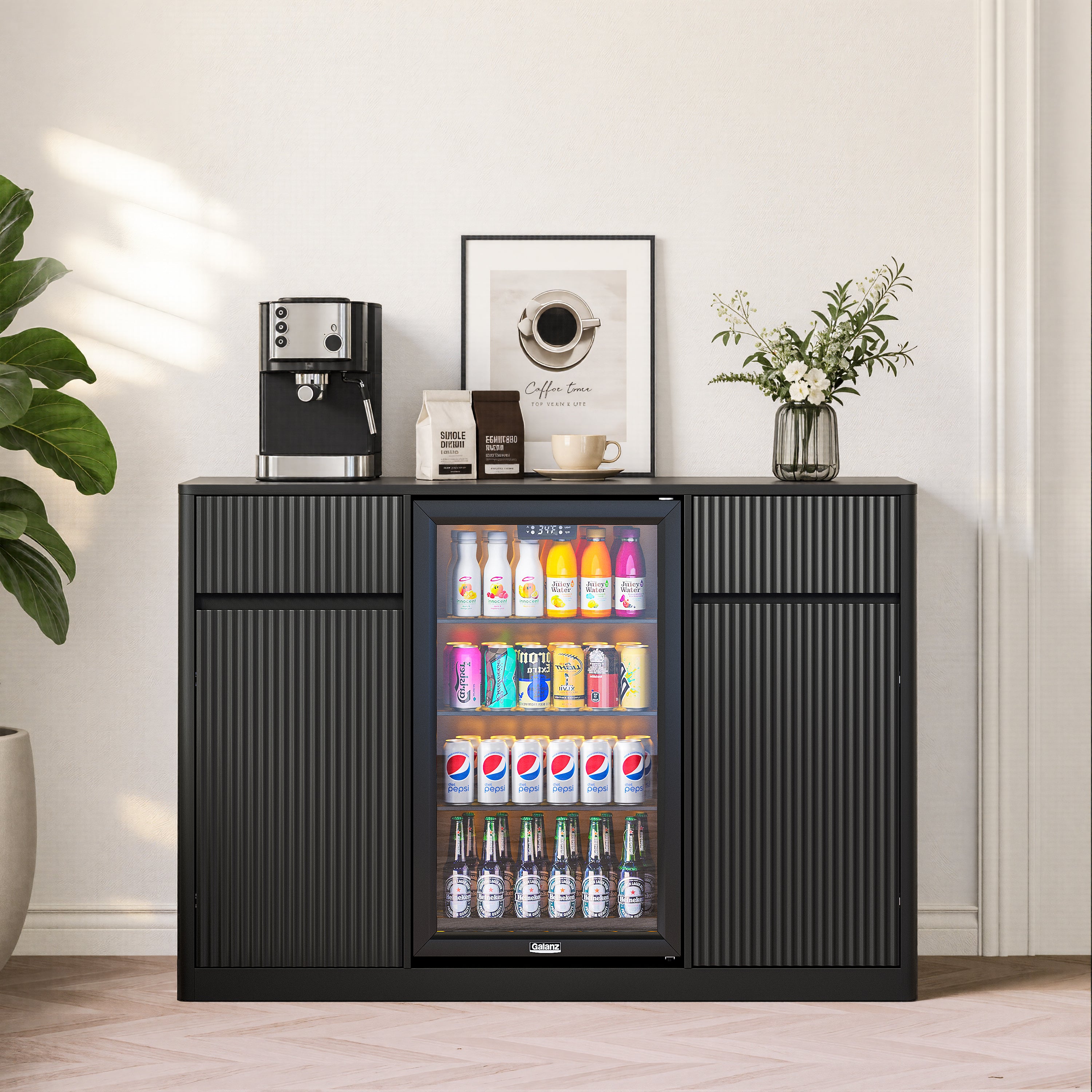 Fluted Bar Cabinet with Fridge Space & Charging Hub, 53", Walnut