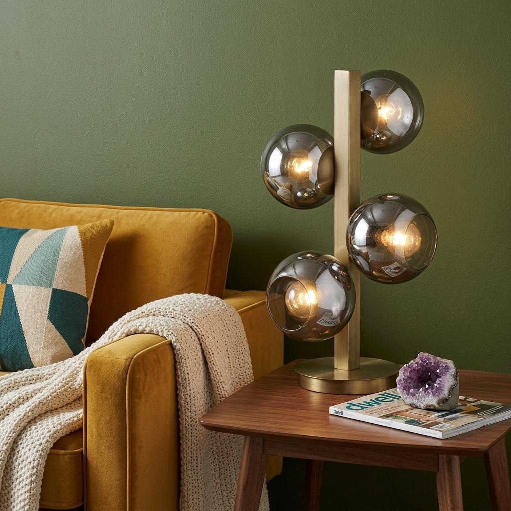 Globet 24" 4-Light Brass Table Lamp, Silver Globe Shades