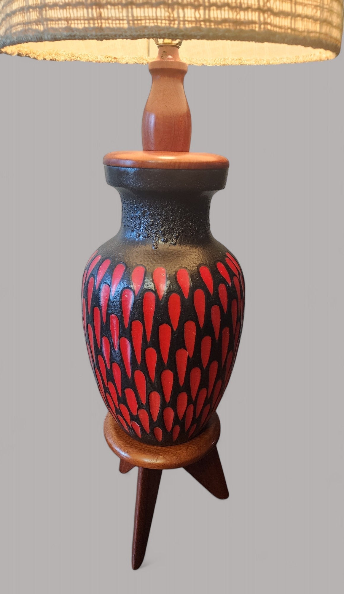 Large Mid-Century Modern Ceramic and Teak Wood Floor Lamp, H 63"