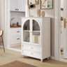 White Farmhouse Cabinet, Arched Glass Door & Tiered Top