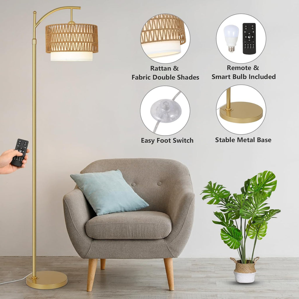 Modern Gold Boho Rattan Fabric Arc Floor Lamp