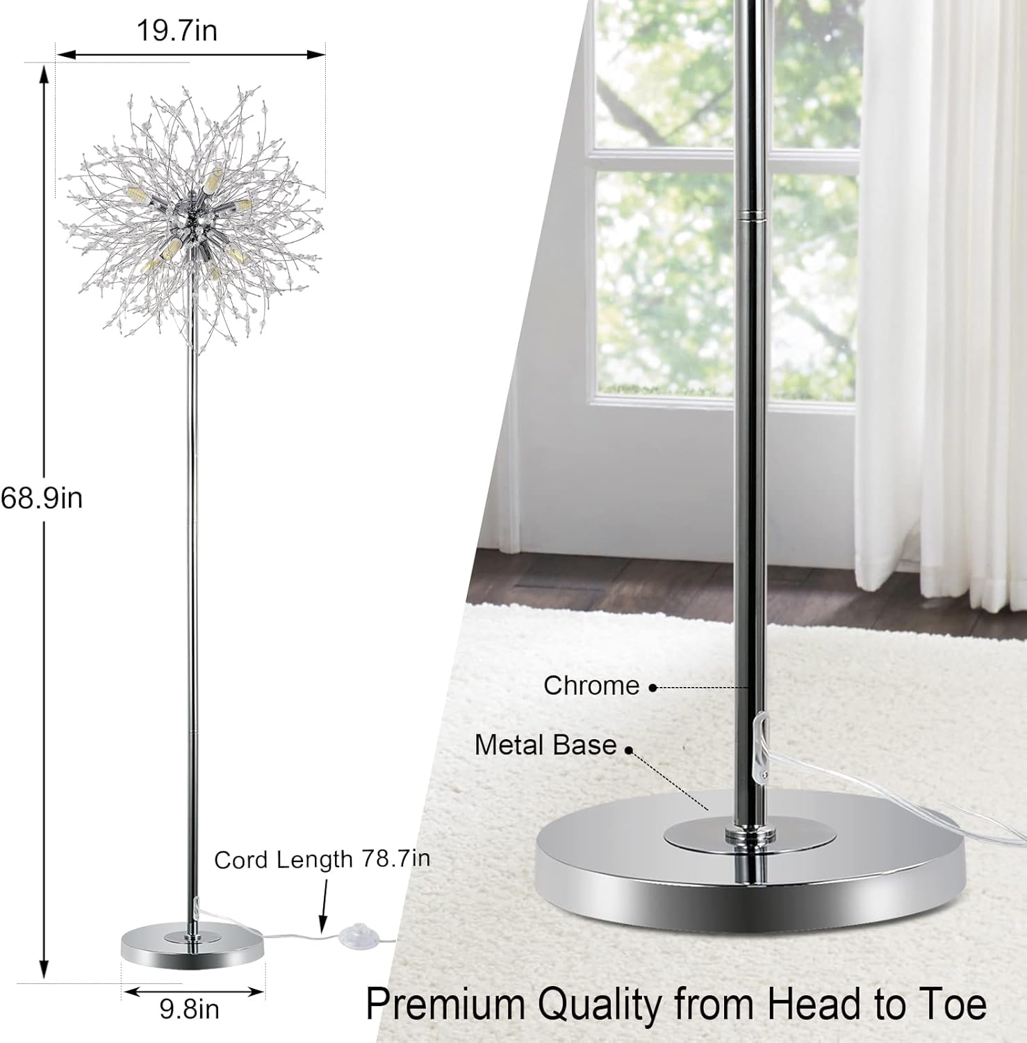 Modern Crystal Floor Lamp, 32 Firework Harnesses, Chrome