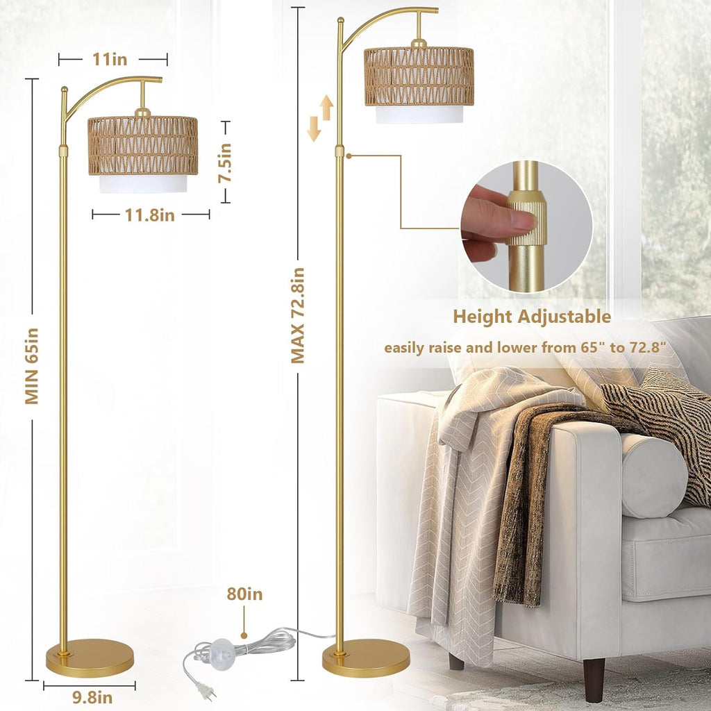 Modern Gold Boho Rattan Fabric Arc Floor Lamp