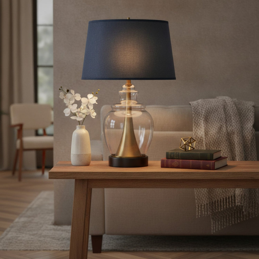 30" Black Metal Urn Table Lamp With Navy Blue Empire Shade - L1