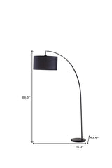 86" Black Metal Arc Floor Lamp with Black Fabric Drum Shade