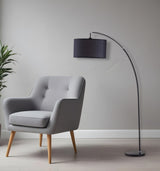 86" Black Metal Arc Floor Lamp with Black Fabric Drum Shade