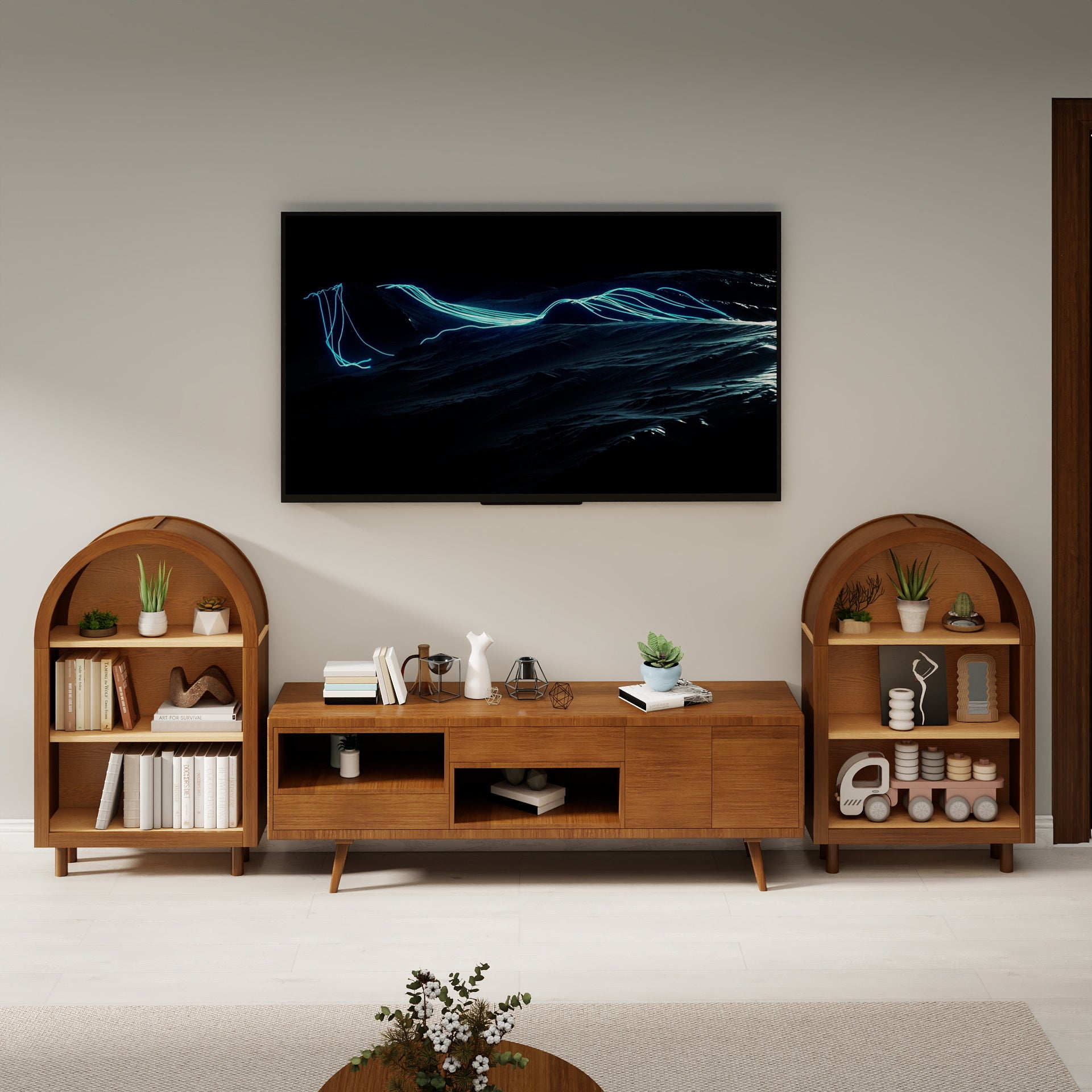 Arched Bookcase with 3 Shelves, Modern Walnut Bookshelf