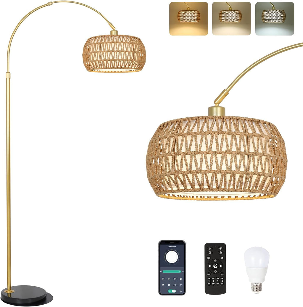 Gold Boho Rattan Arc Floor Lamp