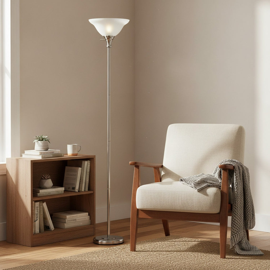 71" Nickel Torchiere Floor Lamp With Clear Frosted Glass Dome Shade - L2
