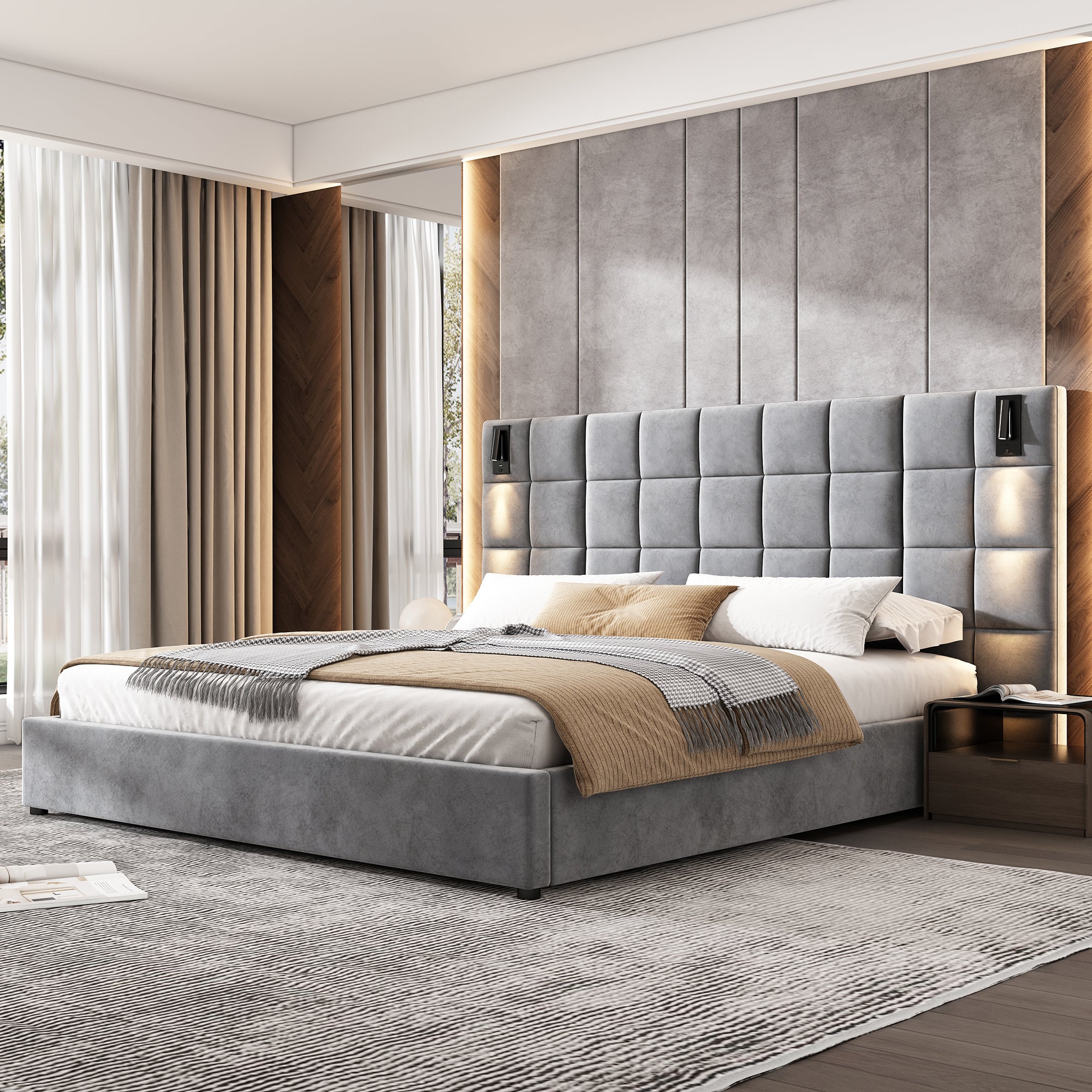 California King Size Upholstered Bed Frame Light Fixture