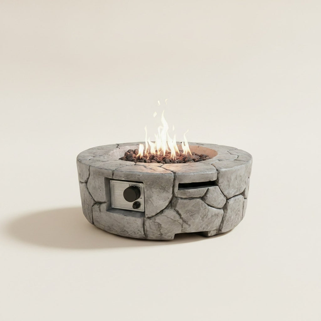 40000 BTU 28" Gray Concrete Propane Round Fire Pit With Cover - hero