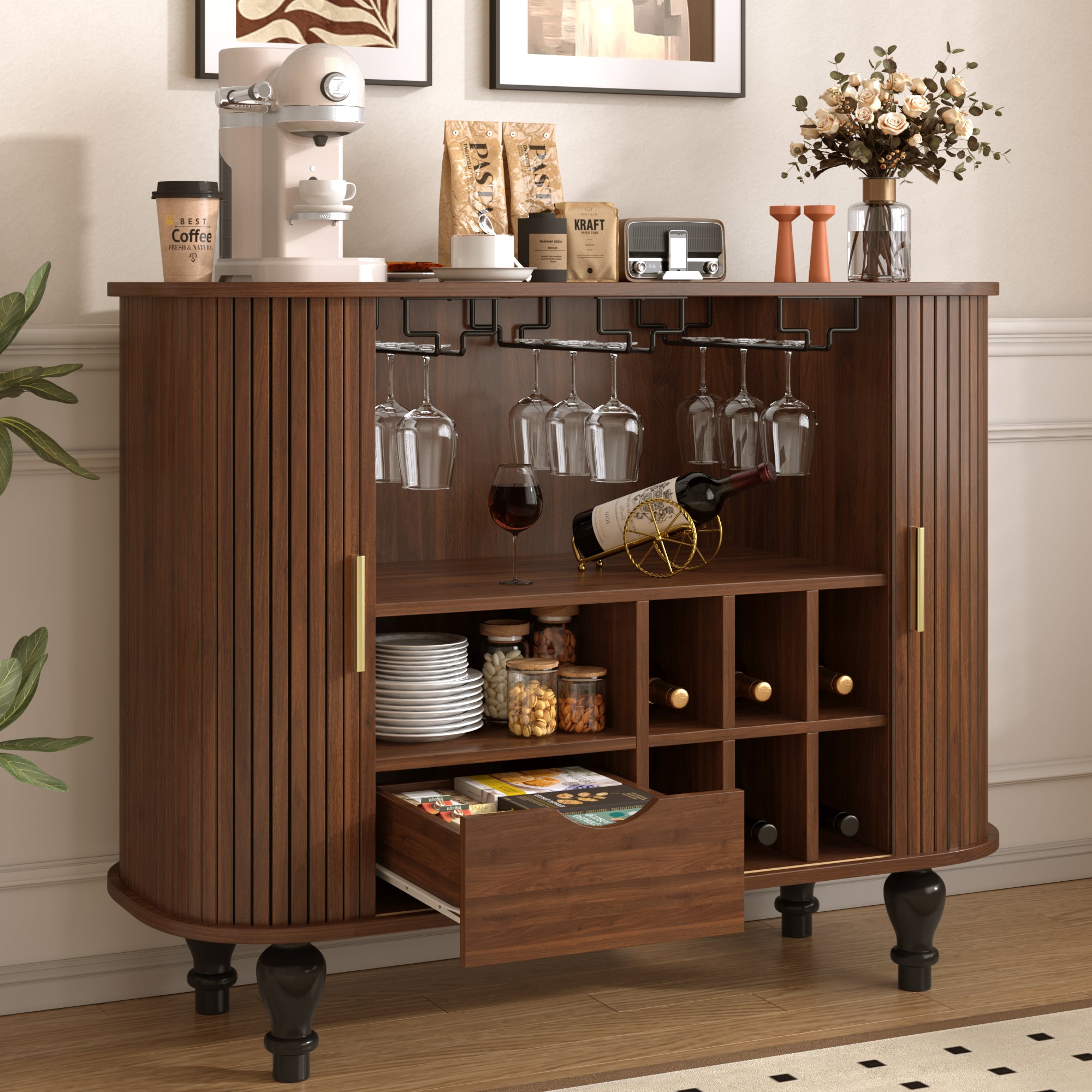 Fluted Liquor Bar Cabinet with Wine Racks & Drawer, 39", Walnut