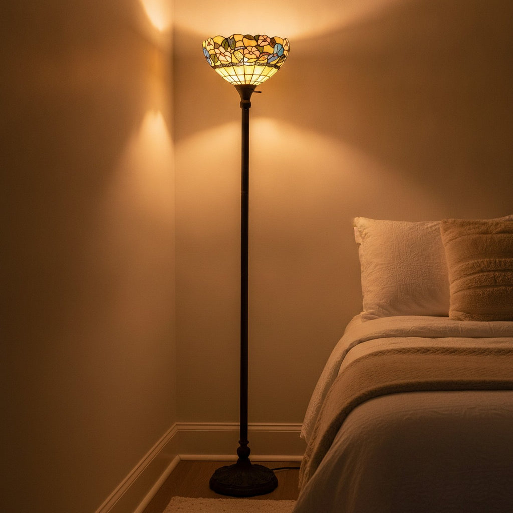 70" Brown Traditional Shaped Floor Lamp With Green And Brown Tiffany Glass Bowl Shade - L3