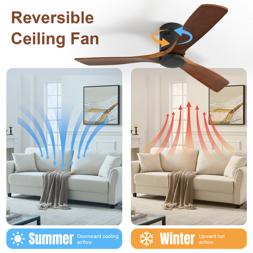 52 Inch Indoor Wooden Ceiling Fan With 3 Solid Wood Blades