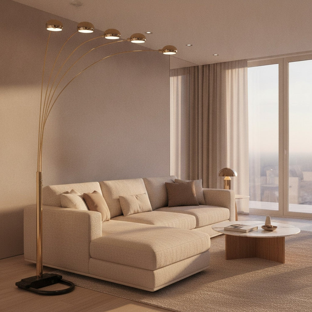 84" Brass Five Light Arc Floor Lamp With Brass Metal Dome Shade - L1