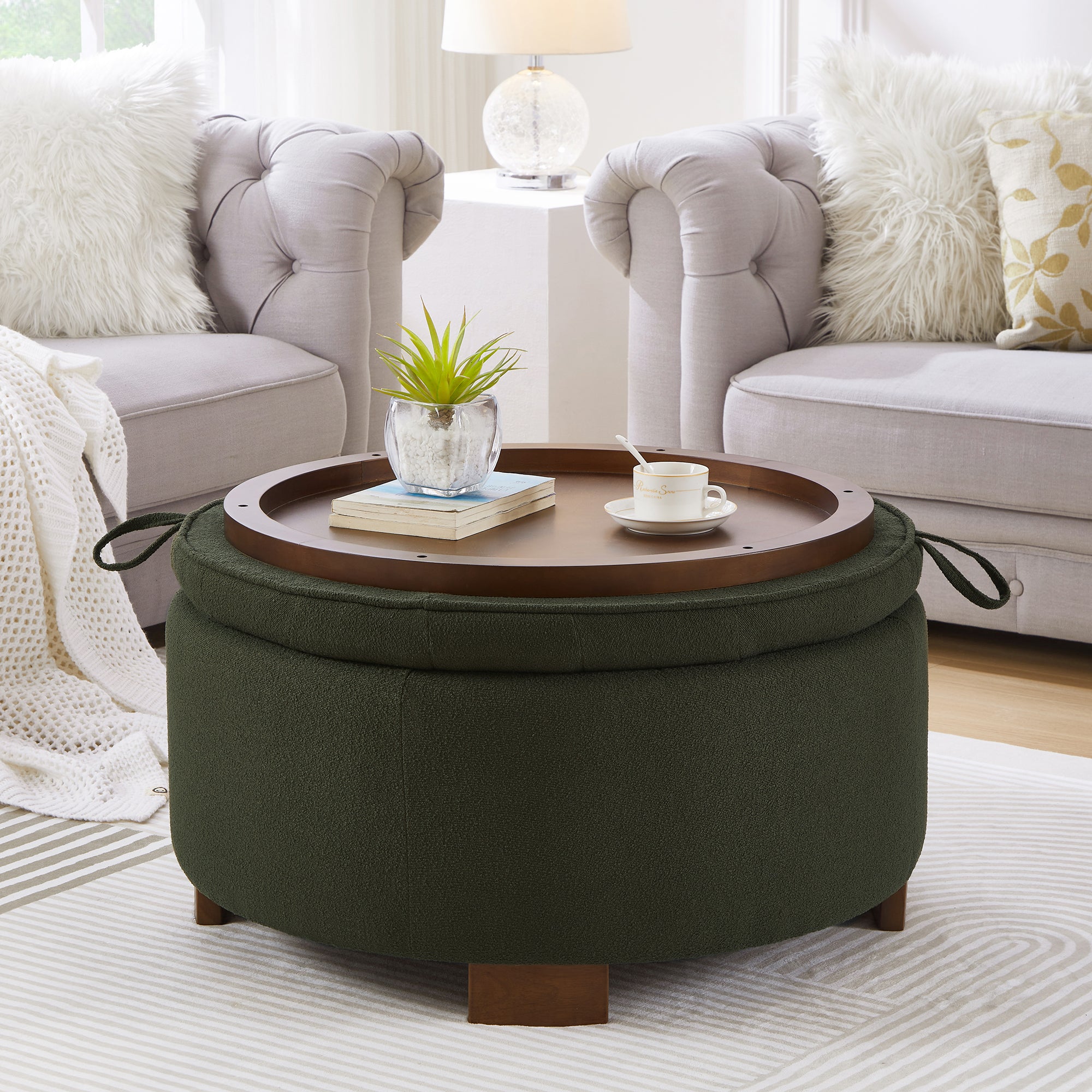 Round Storage Ottoman with Reversible Lid, Boucle, Dark Green