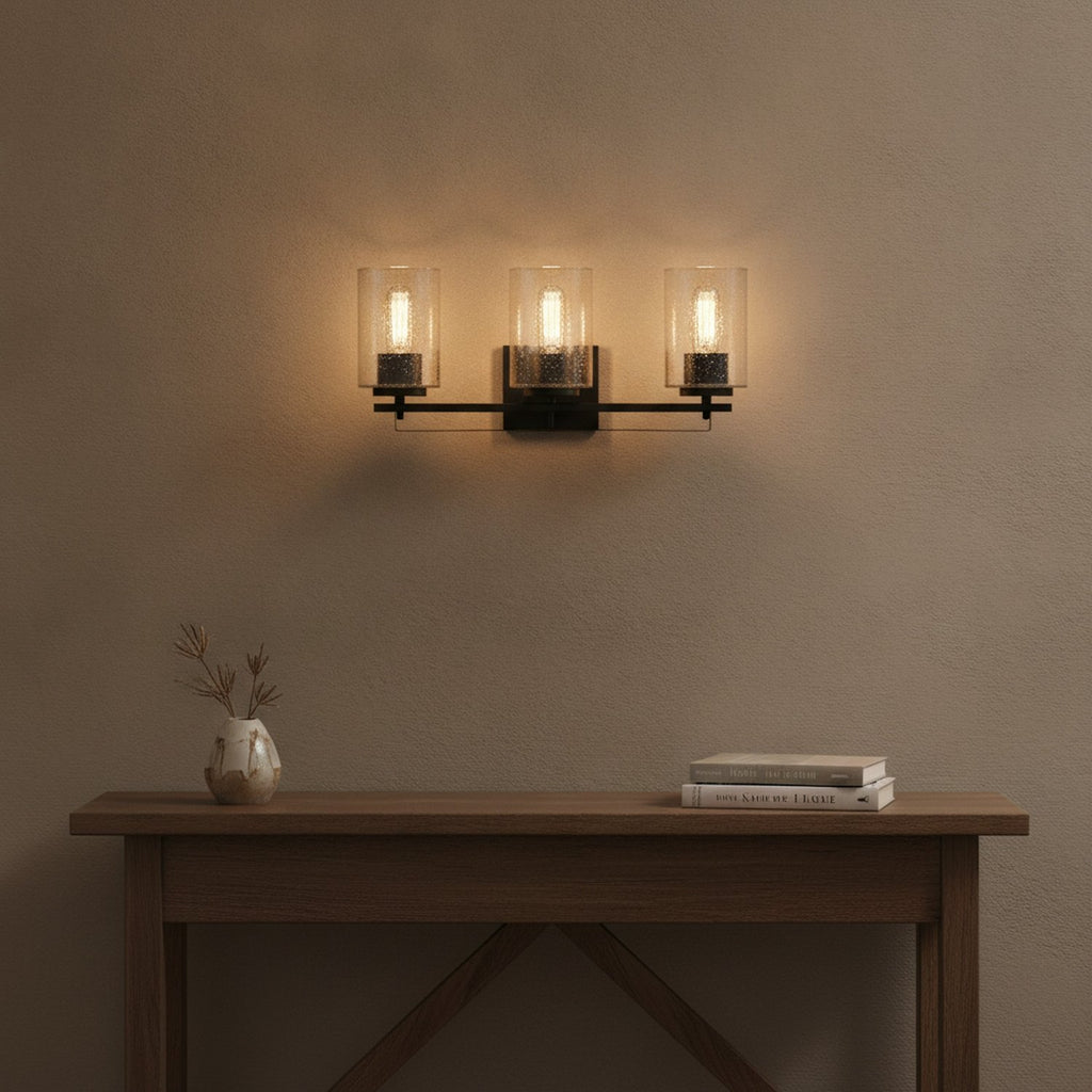 Black Metal and Textured Glass Three Light Wall Sconce - L1