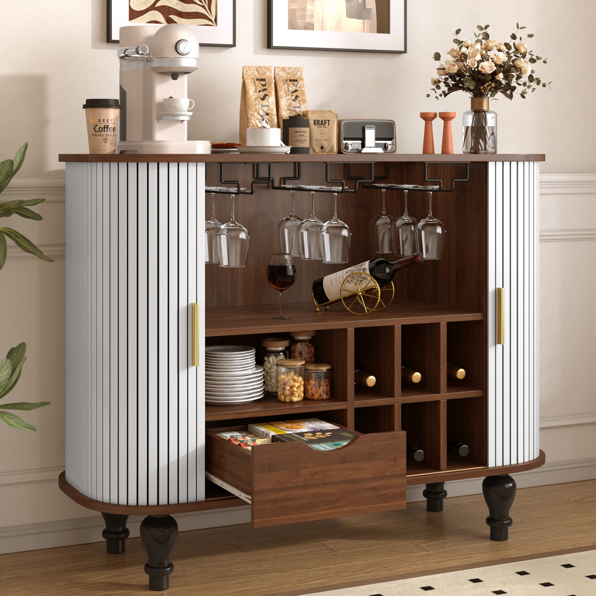 Fluted Liquor Bar Cabinet with Wine Racks & Drawer, 39", White