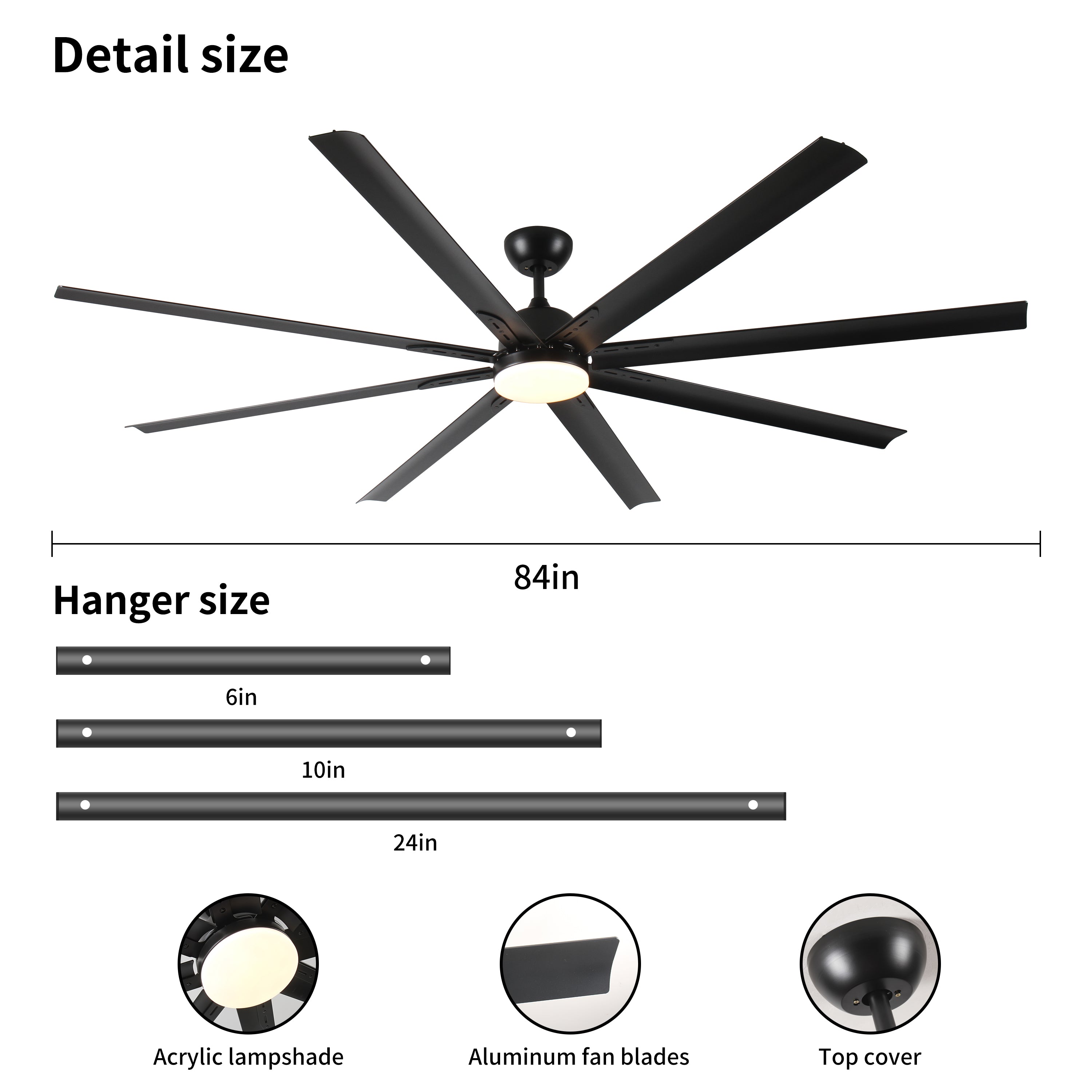 84 Inch Super Large Black Ceiling Fan with Remote