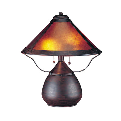 17" Rust Metal Two Light Round Table Lamp with Amber Empire Shade