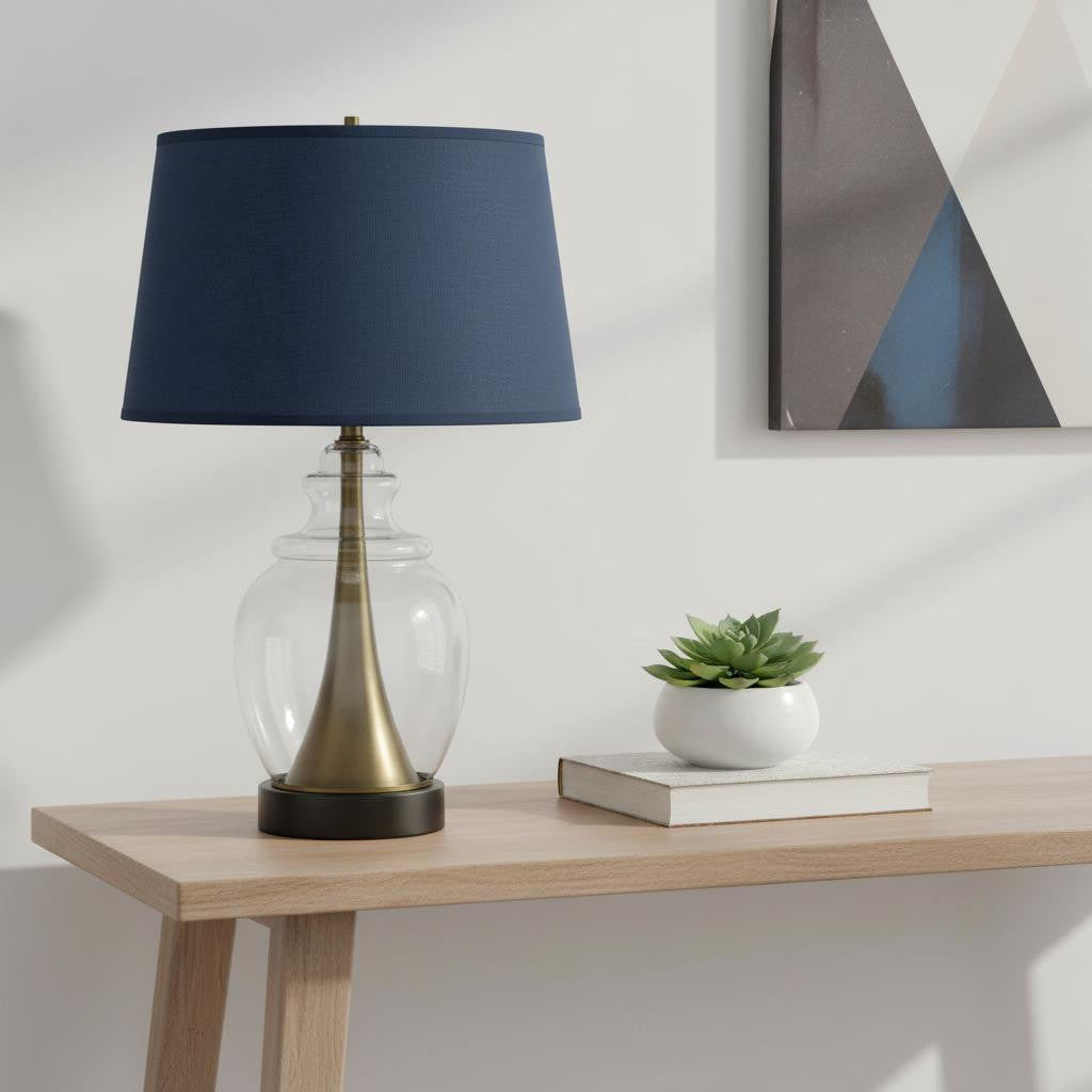 Urne 30" Black Metal Urn Table Lamp, Navy Empire Shade