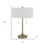 20" Antiqued Brass Metal Two Light Table Lamp with White Drum Shade
