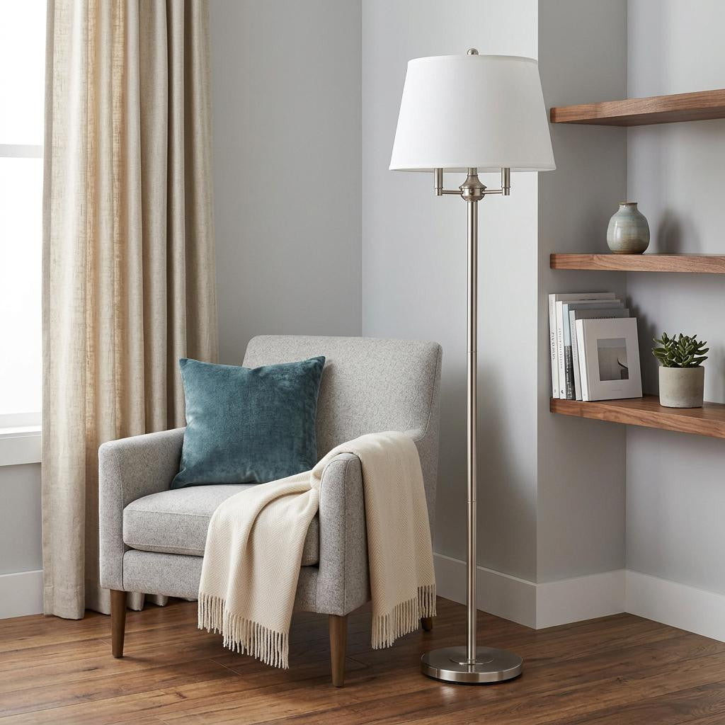 62" Nickel Four Light Traditional Shaped Floor Lamp with White Square Shade