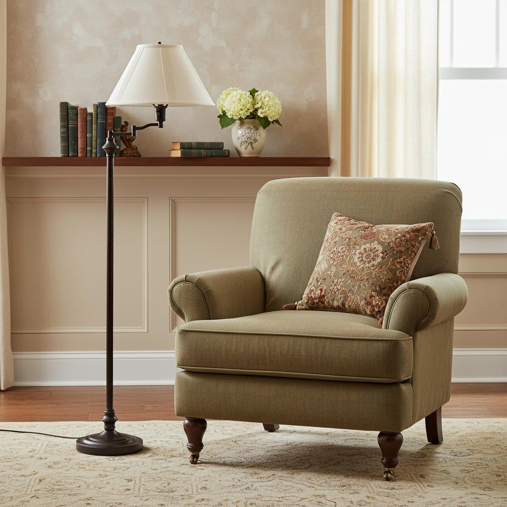 59" Bronze Swing Arm Floor Lamp with Beige Empire Shade
