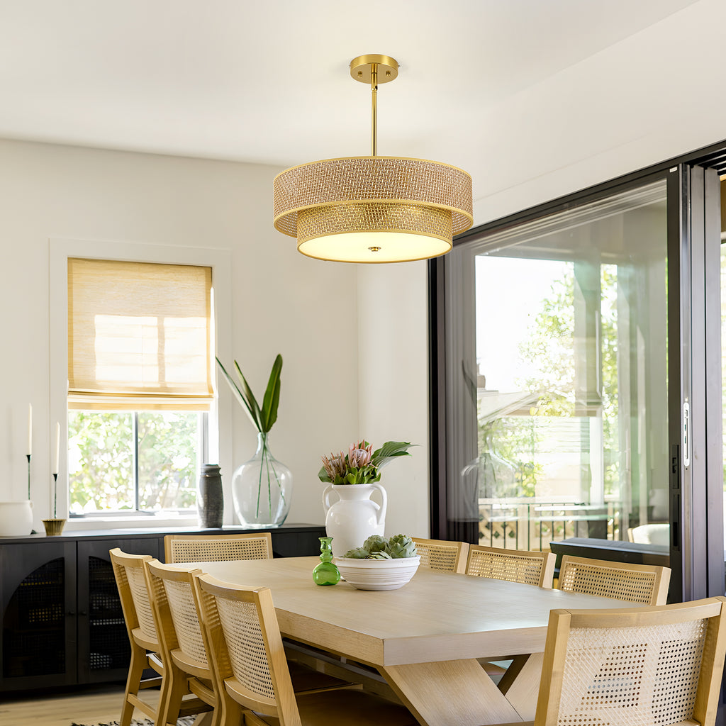 17.7 Inch Woven Rattan Linen Semi Flush Mount Chandelier