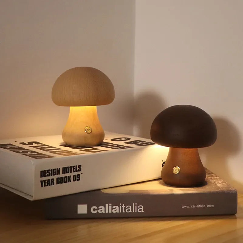 Rechargeable Table Lamp with Wooden Mushrooms