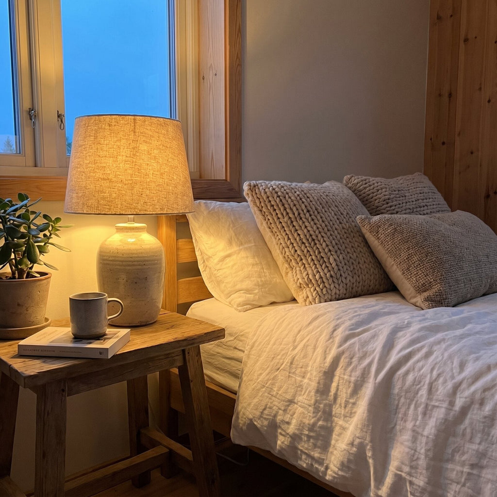 Lampka nocna ceramiczna z lnianym abażurem — aranżacja wnętrza
