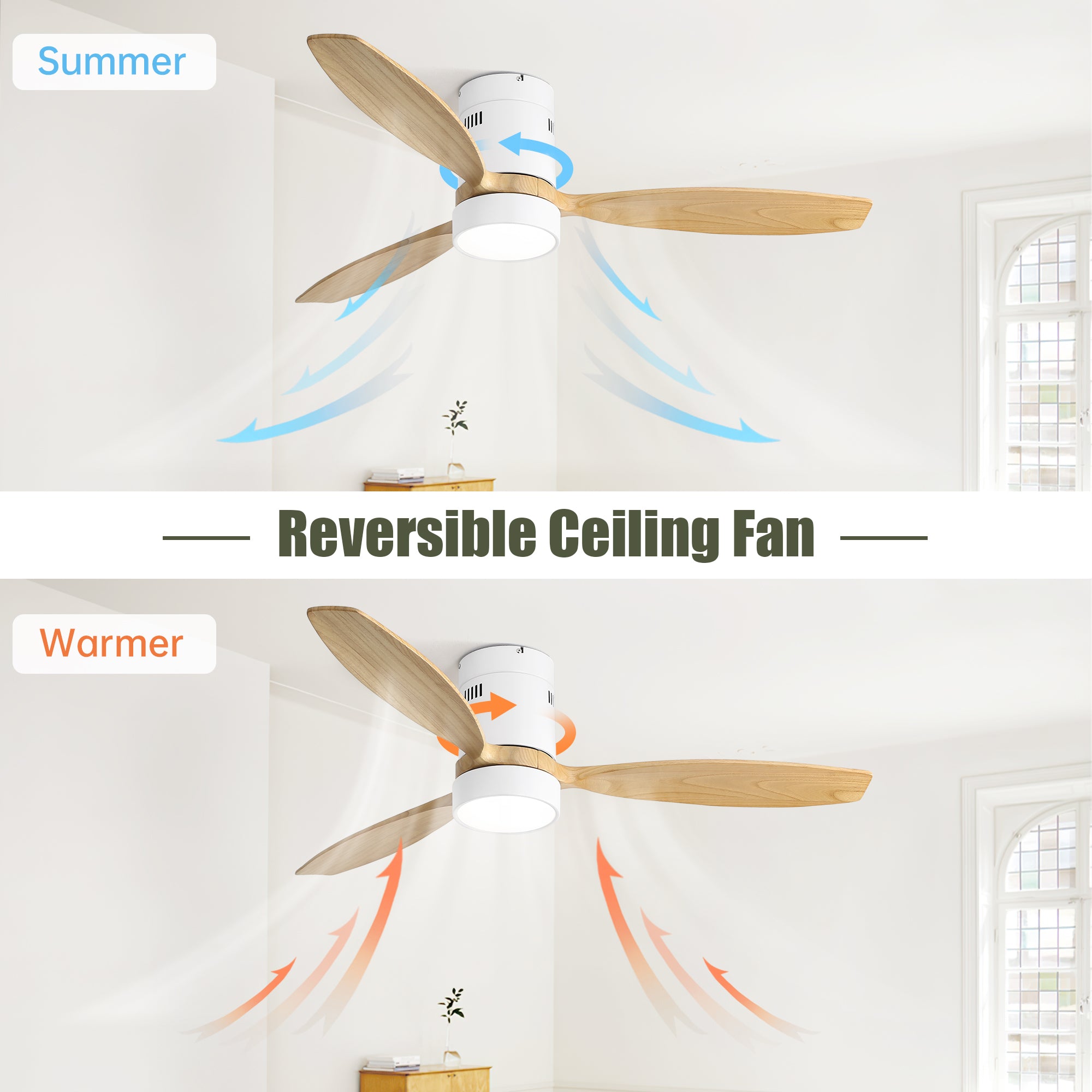 52 Inch Flush Mount Ceiling Fan DC 3 Solid Wood Fan Blade