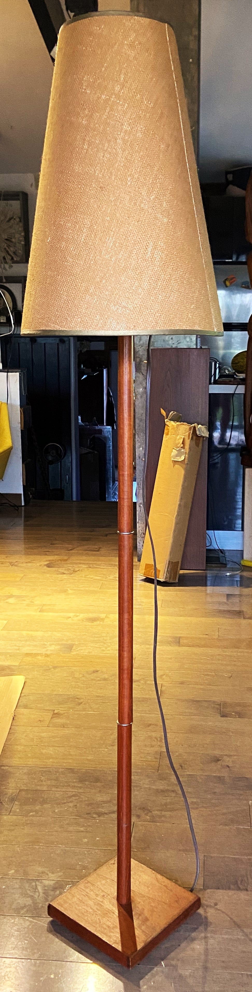 Mid Century Modern Teak Wood Floor Lamp, H 63" (with lampshade)