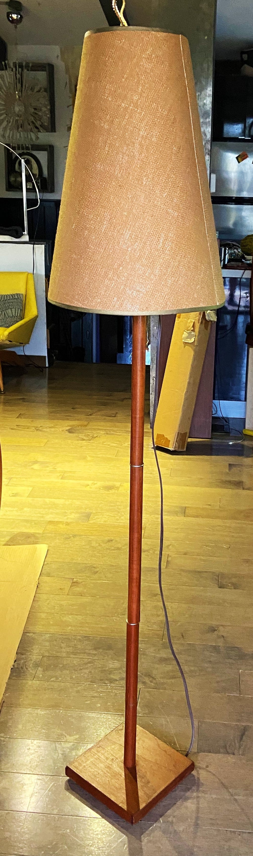 Mid Century Modern Teak Wood Floor Lamp, H 63" (with lampshade)