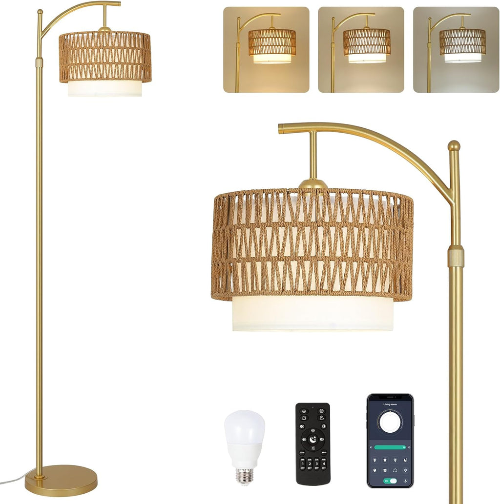 Modern Gold Boho Rattan Fabric Arc Floor Lamp
