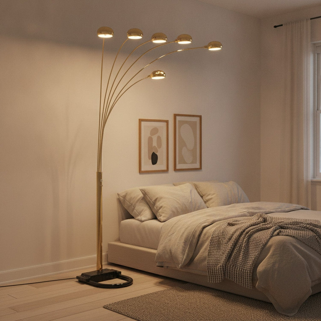 84" Brass Five Light Arc Floor Lamp With Brass Metal Dome Shade - L3