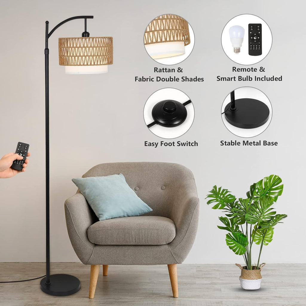 Boho Arc Floor Lamp, Rattan & Fabric Shades