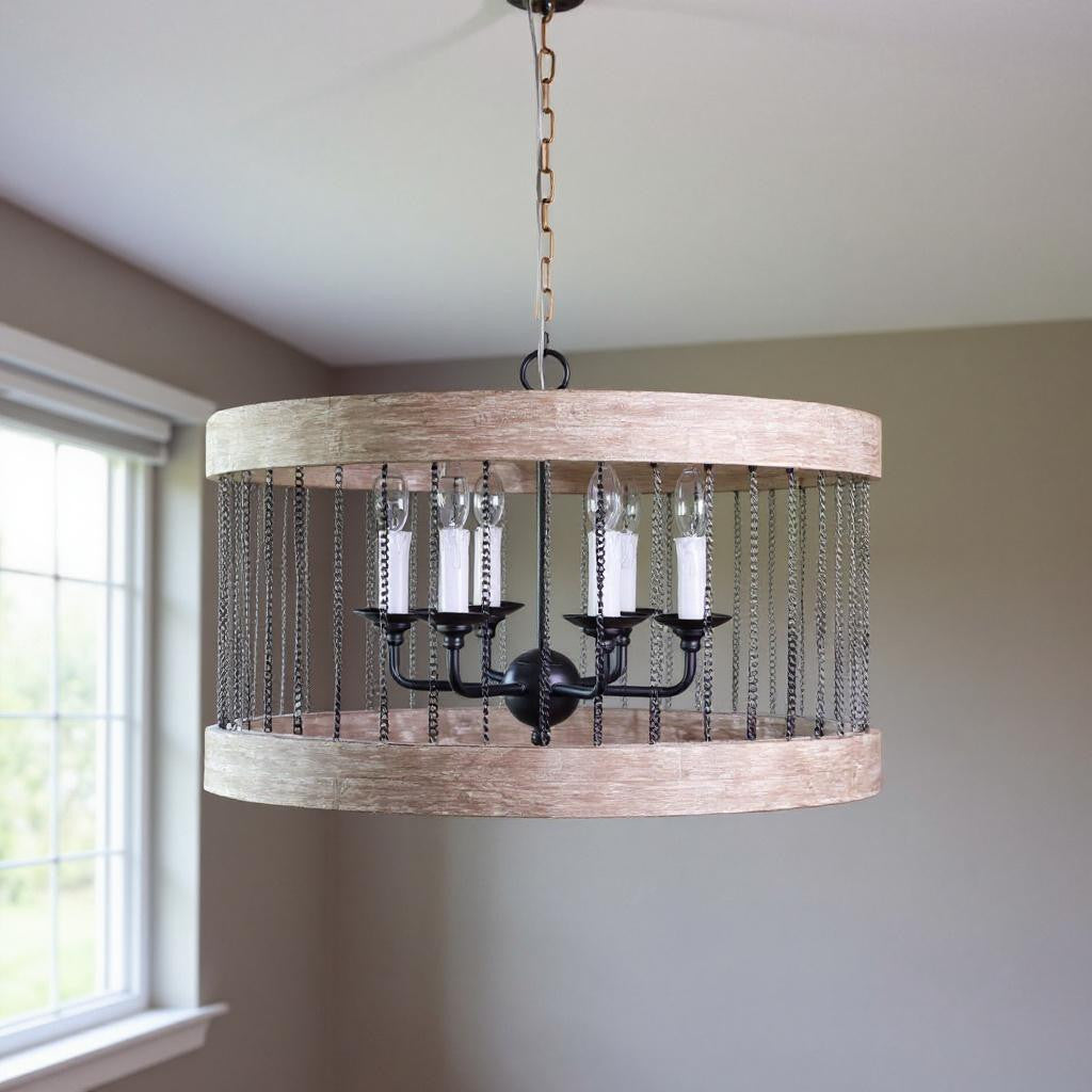 Black and Natural Wood and Metal Cylinder Six Light Dimmable Chandelier