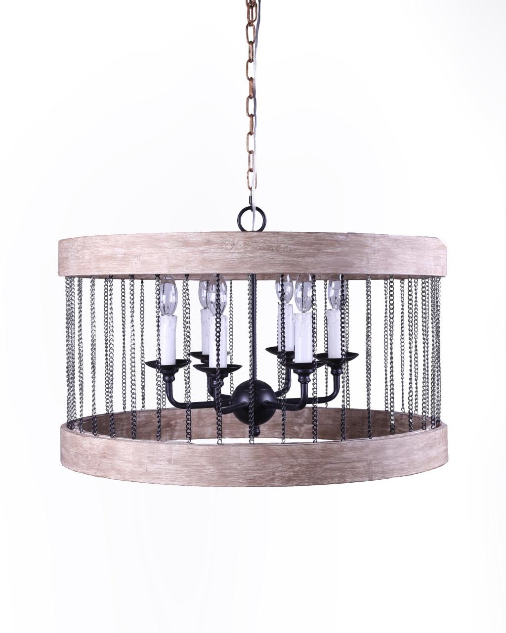 Black and Natural Wood and Metal Cylinder Six Light Dimmable Chandelier