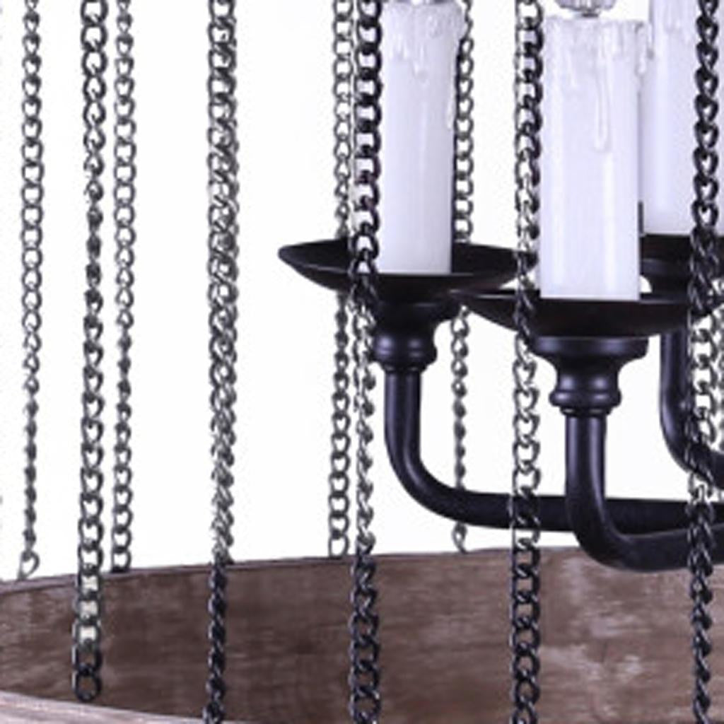 Black and Natural Wood and Metal Cylinder Six Light Dimmable Chandelier