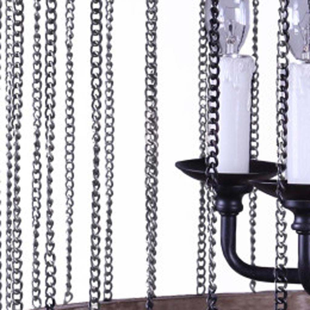 Black and Natural Wood and Metal Cylinder Six Light Dimmable Chandelier